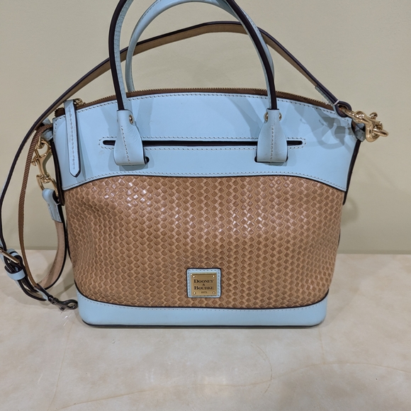 Dooney & Bourke Light Blue and Tan Woven Leather Satchel - Picture 1 of 6